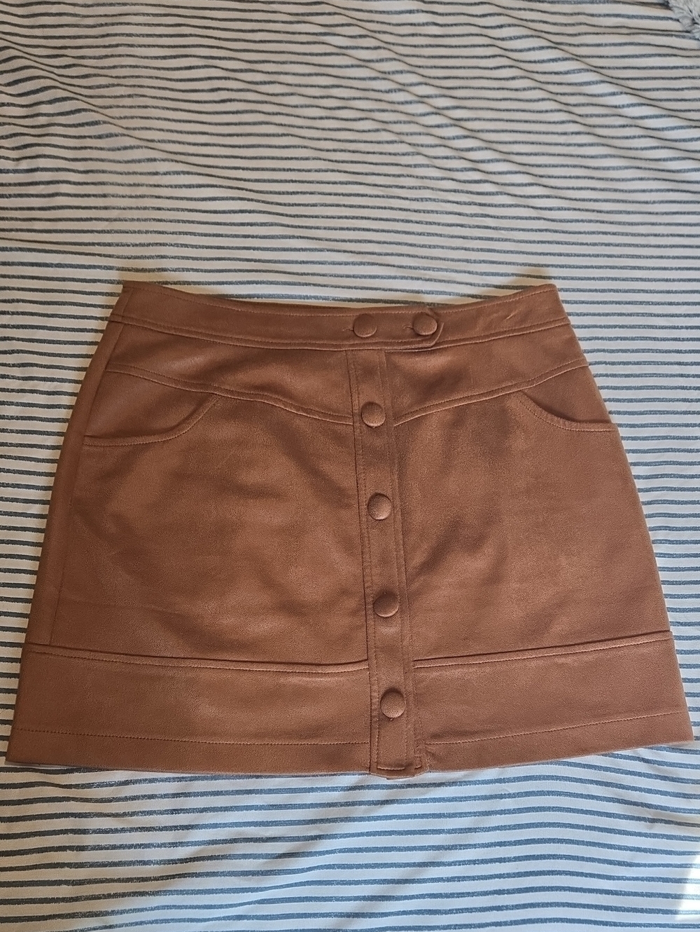 Faux Leather Button-Front Mini Skirt in Brown